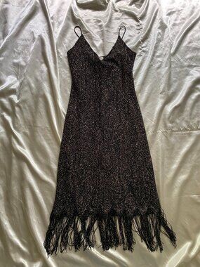 Vintage 1990s Black Gold Metallic Crochet Fringe Dress Boho XS/S Party